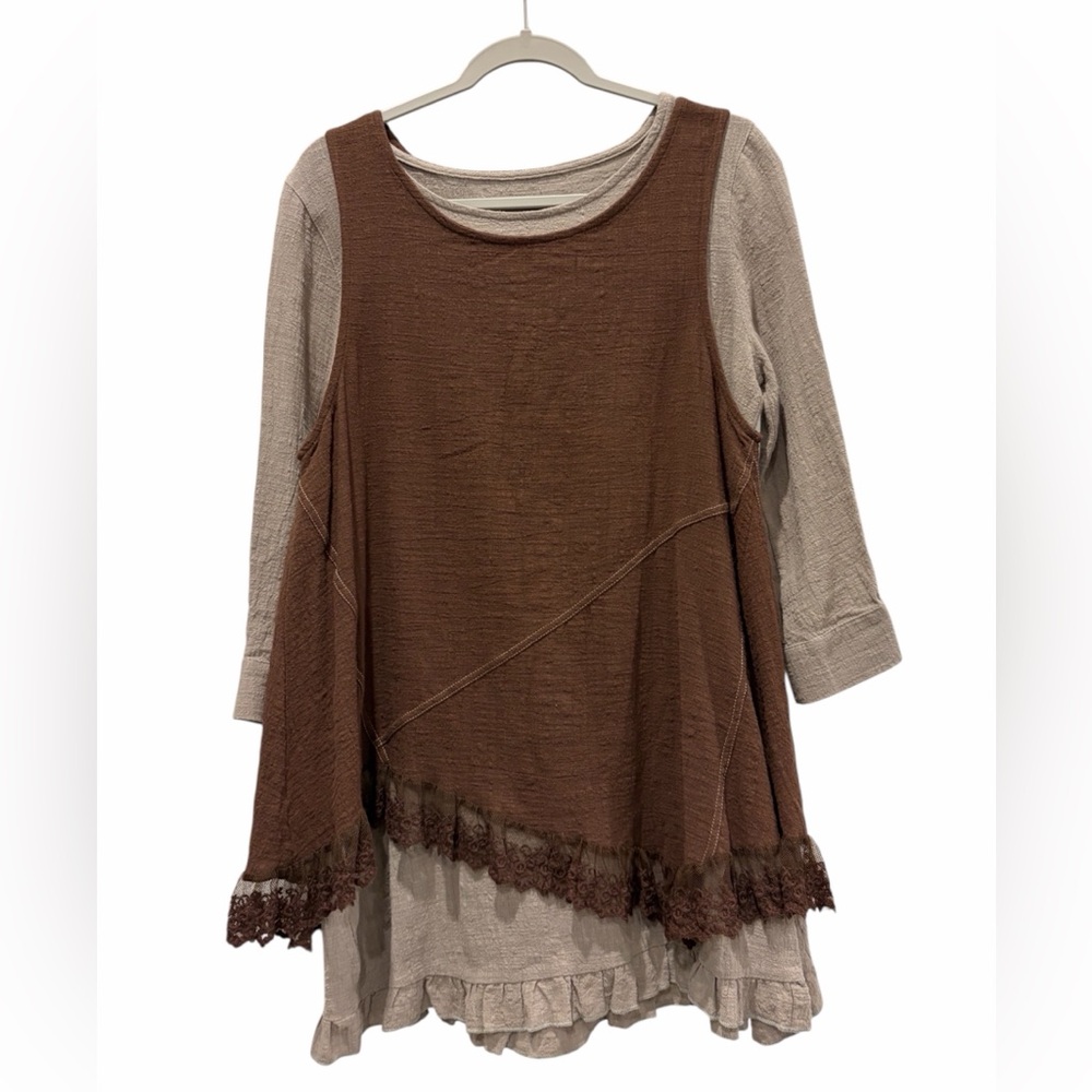 Paisley Vine Renaissance Costume Brown & Taupe Layered Tunic Top Size Small